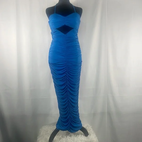 Blue ruched long maxi dress,cut out, peek a boo tube top, halter neck top - Picture 8 of 8